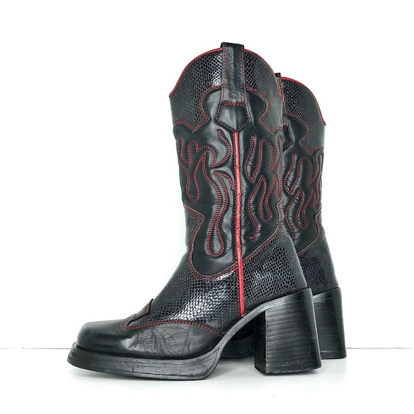 Vintage Destroy Snake Print Square Toe Cowgirl Platform Boots Women’s 40 Shoes - Picture 4 of 11